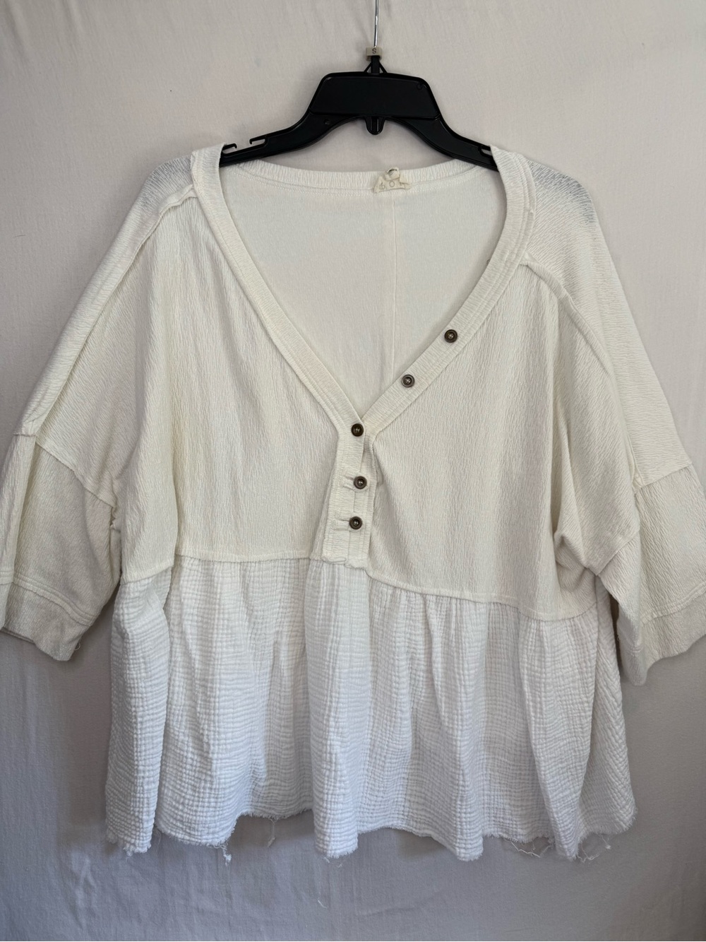 Women's Ivory Boho Button-Front Baby Doll Henley Gauze Top 100% Cotton Size M